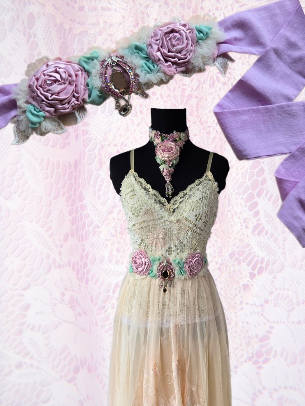 Handmade Light Pink Satin Rose and Crystal Sash Romantic Fairycore